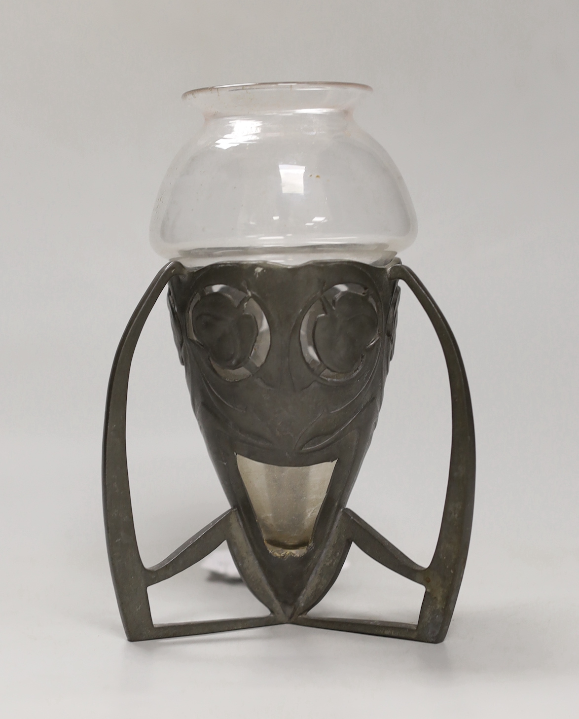 A Liberty Tudric pewter vase and glass liner, No. 0226, 18cm high
